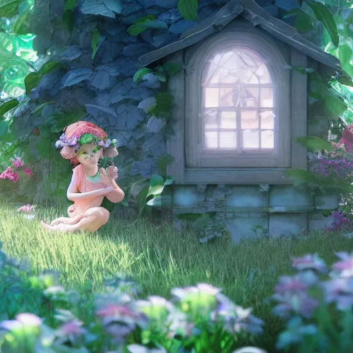 Image similar to a tiny cute fairy in a flower house, beautiful face, large eyes, cute, adorable, volumetric light, octane render, studio ghibli, trending on artstation