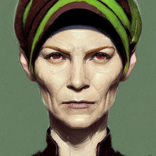 Image similar to portrait of a woman by greg rutkowski, female twi'lek, green skin, wool cap, star wars expanded universe, she is about 6 0 years old, wearing uniform of the galactic alliance navy, highly detailed portrait, digital painting, artstation, concept art, smooth, sharp foccus ilustration, artstation hq