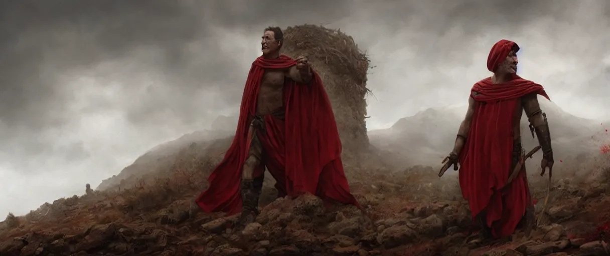 Image similar to the end is near. a tired and exhausted julius caesar somewhere in the atlas mountains. face is highly detailed. splices of red are running down his toga. mist. the soil is red. strong winds. dramatic sky. low angle wide shot. atmospheric. global illumination. concept art. imagined by jeremy lipking, greg rutkowski and eddie mendoza.