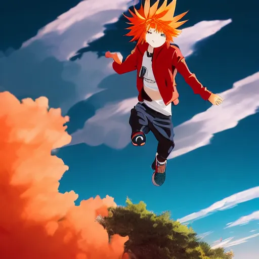 Image similar to orange - haired anime boy, 1 7 - year - old anime boy with wild spiky hair, wearing red jacket, flying through sky, jumping through clouds, late evening, blue hour, cirrus clouds, pearly sky, ultra - realistic, sharp details, subsurface scattering, blue sunshine, intricate details, hd anime, 2 0 1 9 anime