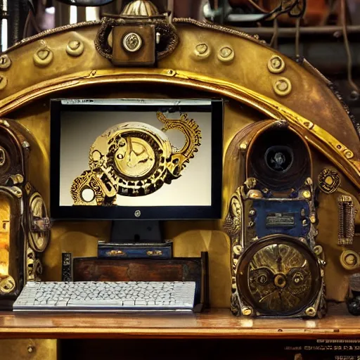 Prompt: captain nemo's ornate brass and wood steampunk laptop computer with glass tubes, monitor with steampunk octopus image on it, detailed keyboard, displayed on his antique victorian desk inside the nautilus submarine, retrocore, cyber steampunk 8 k 3 d