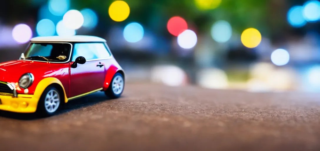 Image similar to a mouse driving a mini toy car bokeh