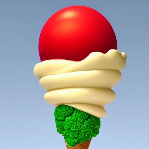 Prompt: a 3 d render of an ice cream in the shape of a brocoli, pixar renderman, trending on artstation, soft lighting, raytracing, high quality, 4 k