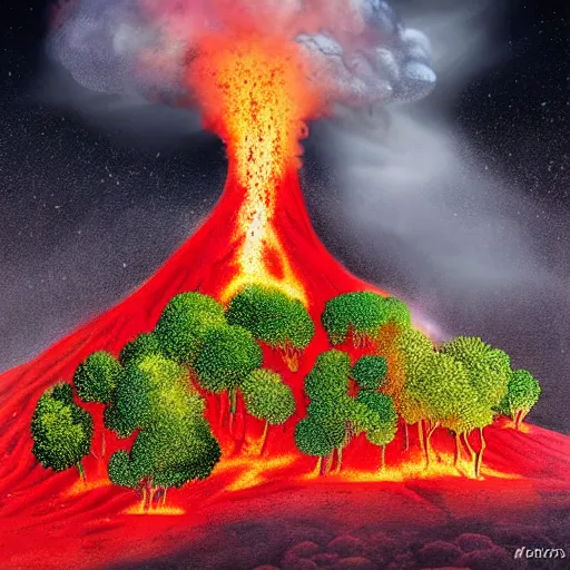 Prompt: A volcanic eruption where instead of lava, broccoli pieces are spied out, fantasy art