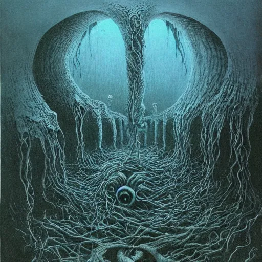 Image similar to A lovecraftian eldritch horror drawn by Beksinski