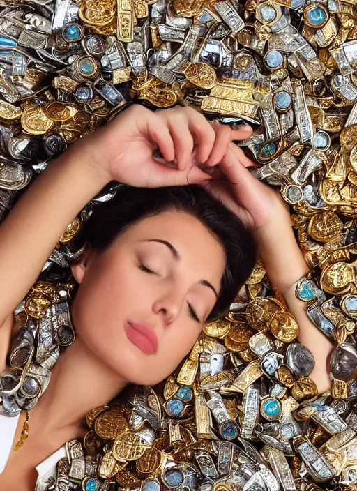 Prompt: relaxing in a comfortable pile of cash money gold jewelry treasure