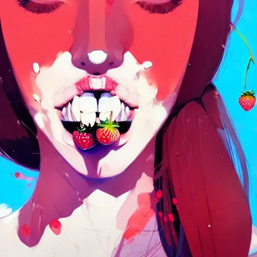 Image similar to a ultradetailed beautiful portait panting of a stylish woman with a strawberry in her mouth, by conrad roset, greg rutkowski and makoto shinkai, trending on artstation