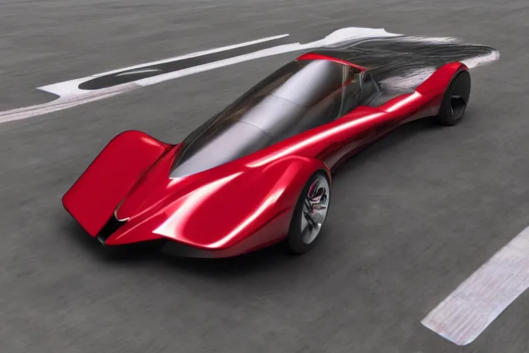 Image similar to 300mph EV red super aerodynamic, patent drawing, notes, side view, top view