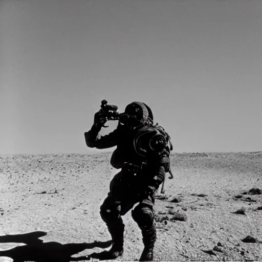 Prompt: a heavily armored man wearing a gasmask walking through a desert, coral in background, film still, arriflex 3 5