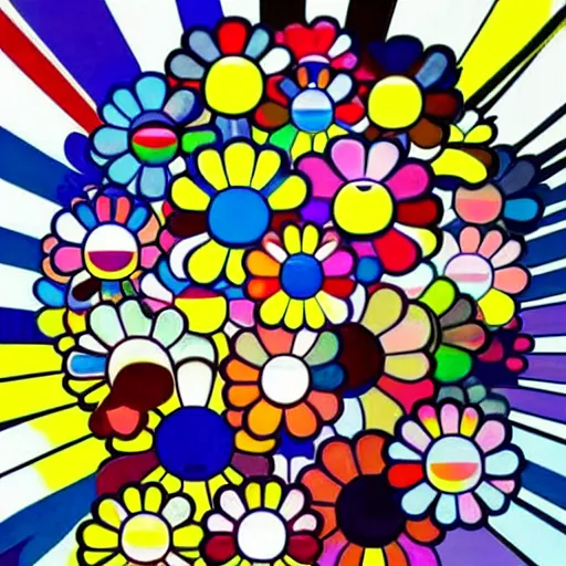 Image similar to silhouette of man's head exploding into flowers, bright colors, Takashi Murakami, Minimalist,