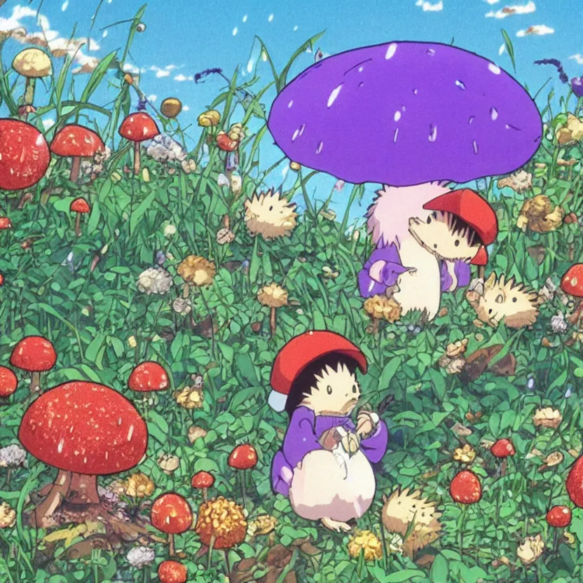 Prompt: anime by hayao miyazaki, hedgehog with purple needles hides under fly agaric from the rain