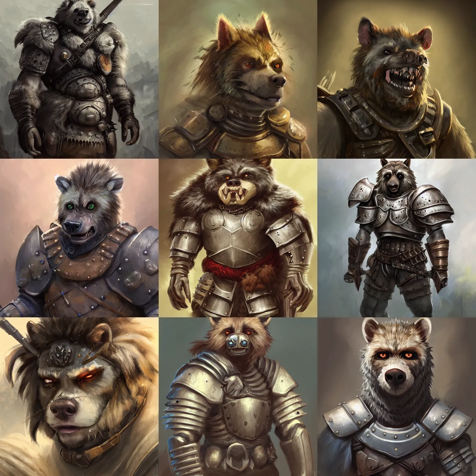 Prompt: portrait of a gnoll with a sad face wearing plate armor, half body, single subject, ambient lighting, highly detailed, digital painting, trending on pixiv fanbox, studio ghibli, extremely high quality artwork, art by ross tran and artgerm and makoto shinkai