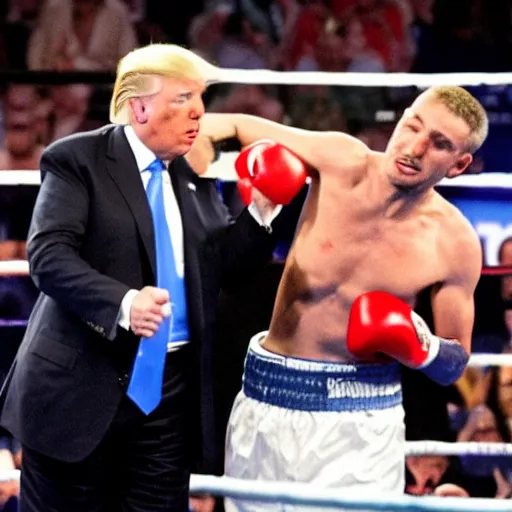 Prompt: Donald Trump losing a boxing match with Bernie Sanders, award-winning photo, sports illustrated