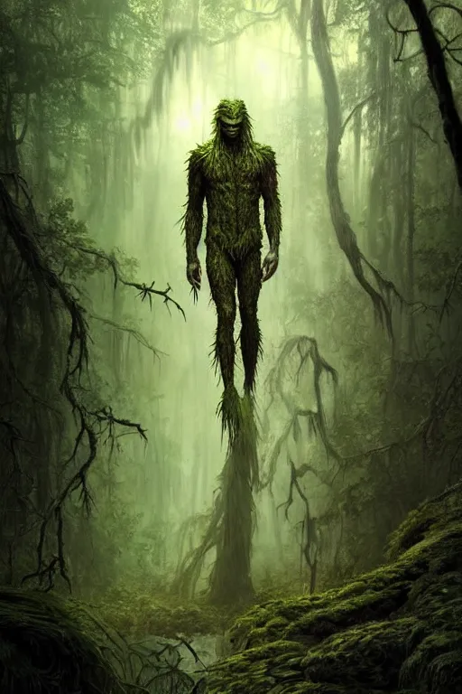 Image similar to realistic photo of swamp thing, sad walk through creepy forest, look at crashed ufo on rocks. deep focus, intricate, elegant, highly detailed, digital painting, art station, concept art, matte, focus sharp, illustration, art by artgerm and greg rutkowski and alphonse mucha
