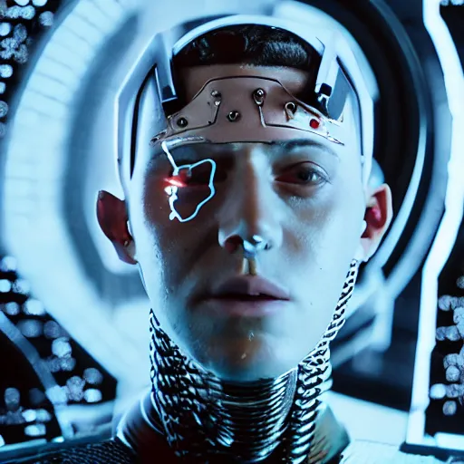 Image similar to a cinematic film still of rapper lil skies as a cybernetic cyborg, cgi, surrealism, film photography