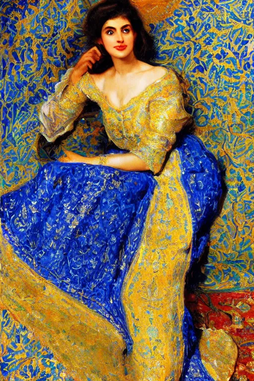 Image similar to gorgeous iranian girl wear detailed golden blue dress lay down on a detailed persian carpet, a big tree palm persian pot, painting by john singer sargent