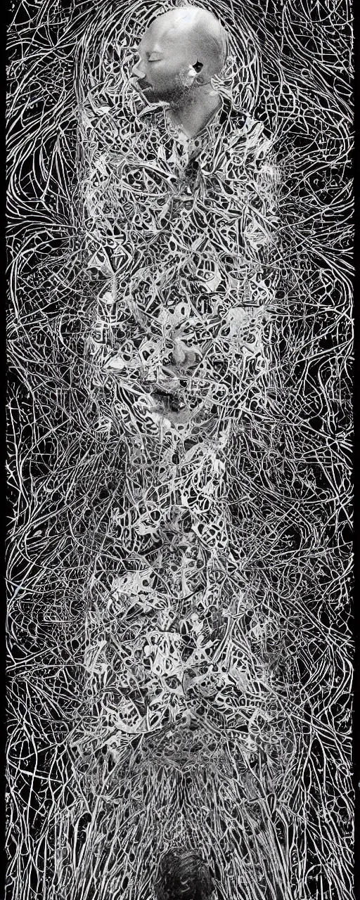 Prompt: disco diffusion portrait of Thom Yorke, hiding in the bushes looking shifty:: cosmic tarot card, intricate fractal details, broken physics, fanciful floral mandelbulb, black paper, style of Stanley Donwood