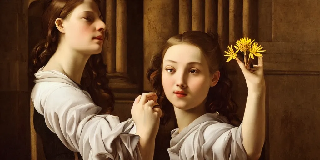 Image similar to beautiful oil matte portrait painting, woman holding a flower inside a cathedral, wonderful masterpiece highly detailed, beautiful cinematic light deep focus, elegant, digital painting, smooth, sharp focus, golden ratio, dramatic illumination, ultra realistic, 8 k, art by artemisia lomi gentileschi and caravaggio