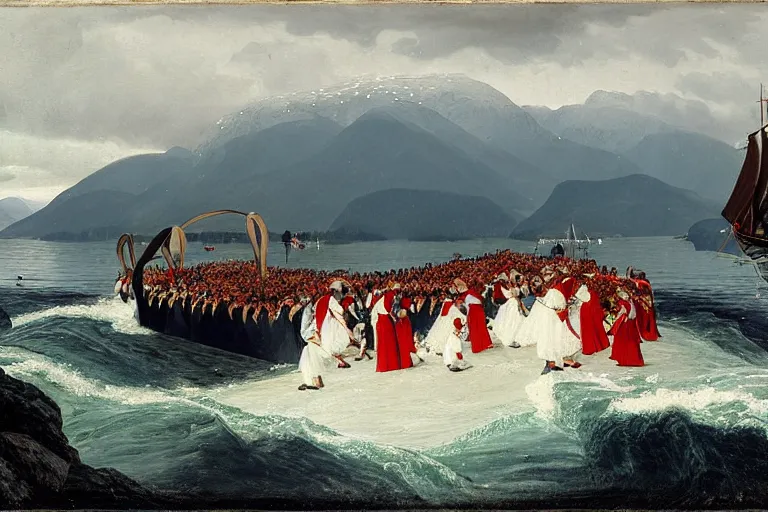 Image similar to a walrus attacking the bridal procession on the hardangerfjord by hans gude, adolph tidemand