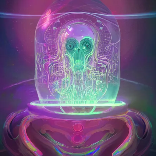 Image similar to intricate holographic ghost in the machine jellyfish made of microcircuitry and transistors in a glowing deap sea by peter mohrbacher and dan mumford, trending on artstation, cgsociety 4 k