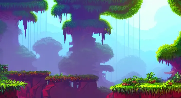 Image similar to beauiful background painting of a jungle level of a 2 d sidescroller game, the jungle is dense and thick, under sunlight above, video game art, pixel art, concept art, soft and lushful, impressionism, ultra detailed, natural lighting, trending on artstation