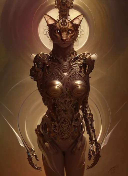 Image similar to organic cyborg, dragon cat, diffuse lighting, fantasy, intricate, elegant, highly detailed, lifelike, photorealistic, digital painting, artstation, illustration, concept art, smooth, sharp focus, art by John Collier and Albert Aublet and Krenz Cushart and Artem Demura and Alphonse Mucha