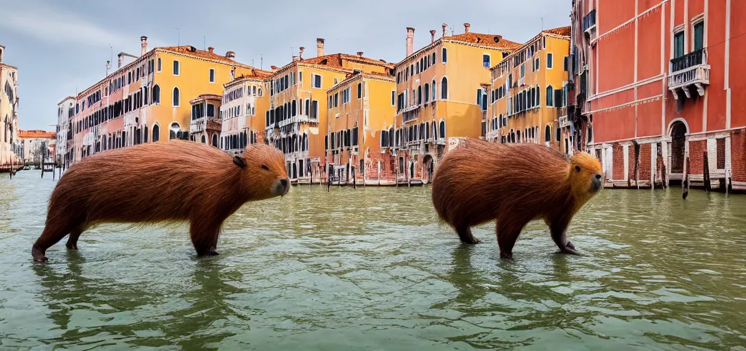 Prompt: a gigantic capybara roaming the city of venice, the city is on fire, there is a tornado in the background, nature photography, 4k, wide lens, award-winnig photo