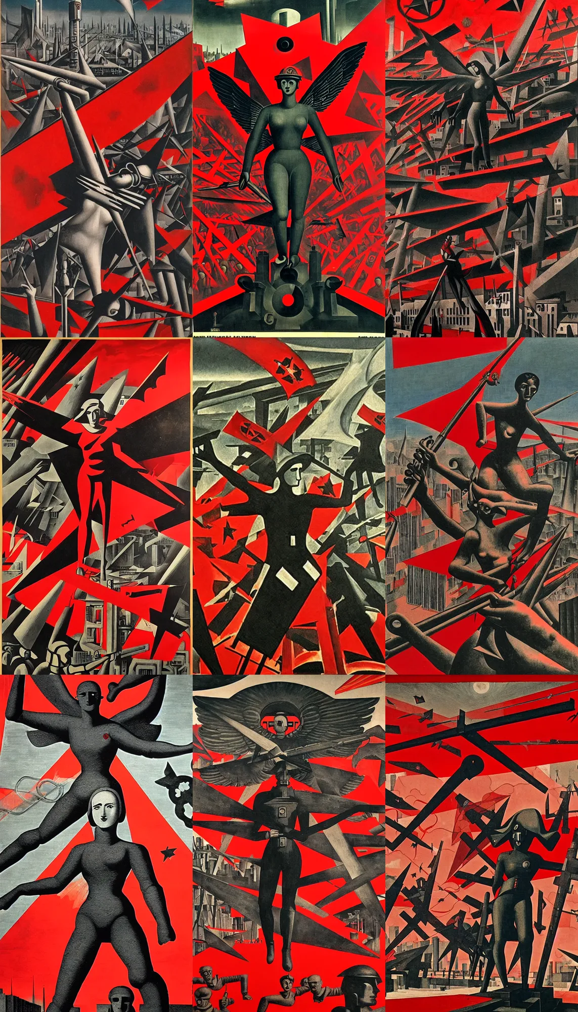 Prompt: socialist totalitarian angel, futuristic alternate timeline, anarcho - communist hordes, red and black flags, modernist factories in background, art by max ernst, cnt spanish civil war era propaganda, extremely detailed, 4 k