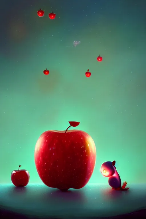 Image similar to a surreal Bioluminescent, very very very cute Red apple in a happy world by Daniel Merriam, Trending on Artstation, oil on Canvas by Elena Zhurikhina and Goro Fujita and Charlie Bowater, octane render, 4k, 8k, HD