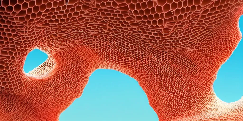 Image similar to biomorphic honeycomb structures by ernesto neto, light - mint with light - pink color, 4 k, insanely quality, highly detailed, film still from the movie directed by denis villeneuve with art direction by zdzisław beksinski, telephoto lens, shallow depth of field