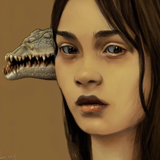 Image similar to a girl, a crocodile head, a portrait, looking at the viewer, digital painting, trending on artstation, high quality, high detail