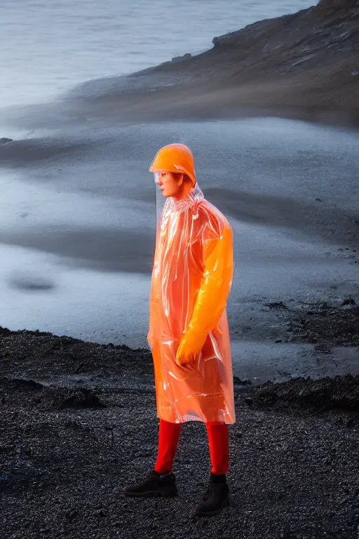 Prompt: an ultra high definition professional high fashion portrait studio full length photograph of a male model wearing a transparent pearlescent raincoat and neon visor planking in an icelandic black rock environment at dawn. no artefacts. extremely detailed. stark. refraction. shallow depth of field. volumetric light and shadow. ray tracing. light rays.