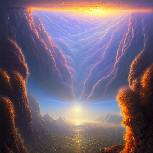 Image similar to of an impossible landscape with a infinite multi dimension portal, a beautiful ultradetailed matte painting a lush mountain range at dusk by tomasz alen kopera and Justin Gerard and Dan Mumford, tarot card, dazzling energy, ultra wide angle shot, high angle shot, intricate, fractal magic, rays of god, hyperdetailed, micro details, volumetric lighting, 8k, ray tracing, polarized lens