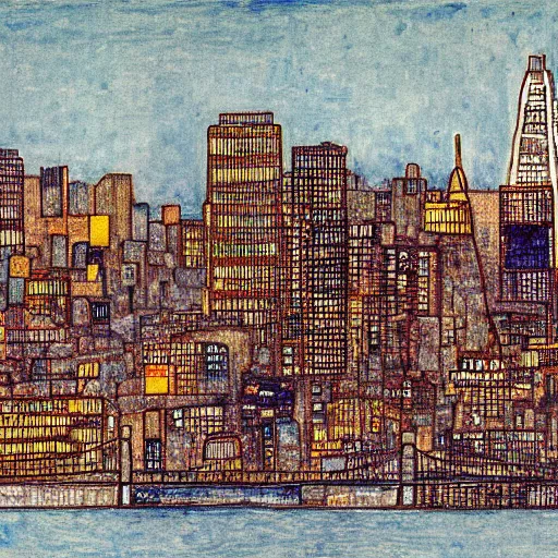 Prompt: scientific illustration of san francisco skyline, egon schiele portrait style