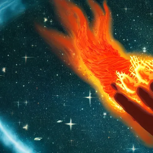 Prompt: An orange flaming fist flying through space