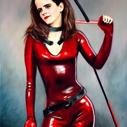 Prompt: oil painting of emma watson in slick red latex outfit, holding a riding crop. safe for work!