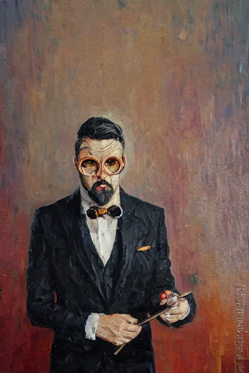 Image similar to palette knife oil painting portrait of graham, a fellow in a three - piece suit and monocle, peering over from his heavy, lacquered oak reception desk, extreme detail, artstation trending, artgerm, any racial background, deviant art, close up, octane, substance, art history 8 k