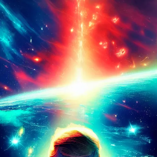 Image similar to Donald trump in the middle of two galaxies colliding, dramatic style, beautiful colors, artstation