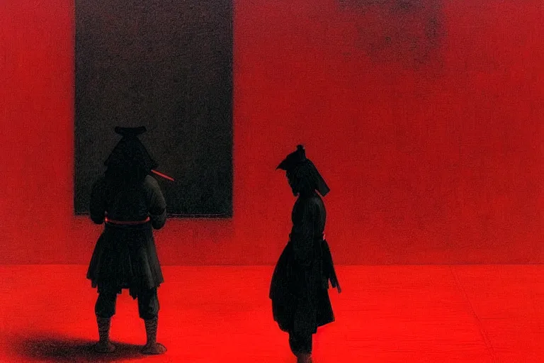 Image similar to only with red, a red samurai harakiri, tokio, a lot of frogs watch, in the style of beksinski, parts by edward hopper, parts by rodcenko, parts by yue minjun, intricate and epic composition, red by caravaggio, insanely quality, highly detailed, masterpiece, red light, artstation, 4 k