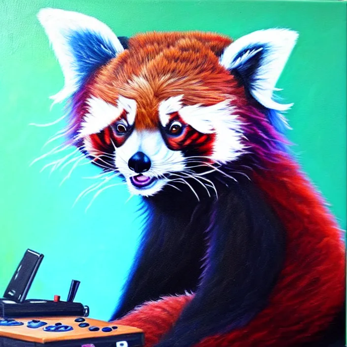 Image similar to an oil painting of a red panda with blue fur playing video games, furry, oil on canvas, cute, highly detailed, soft lighting, pastel, pretty