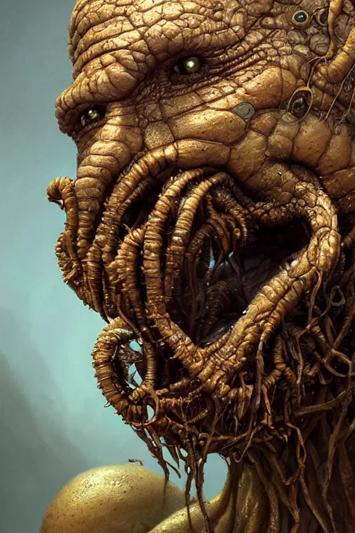 Prompt: beautiful portrait of the thing of the swamp smiling, intricate, dystopian, biopunk, extremely detailed, digital painting, sculpted in zbrush, artstation, concept art, smooth, sharp focus, illustration, chiaroscuro, soft lighting, golden ratio, rule of thirds, fibonacci, incredible art by Stanley Artgerm Lau and Greg Rutkowski, composition by mike mignola and Simon Stalenhag,