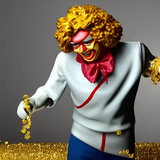 Image similar to A still of Ronald McDonald surrounded by gold and diamonds, Award-winning, photograph, 3d render, unreal engine, 4k detailed