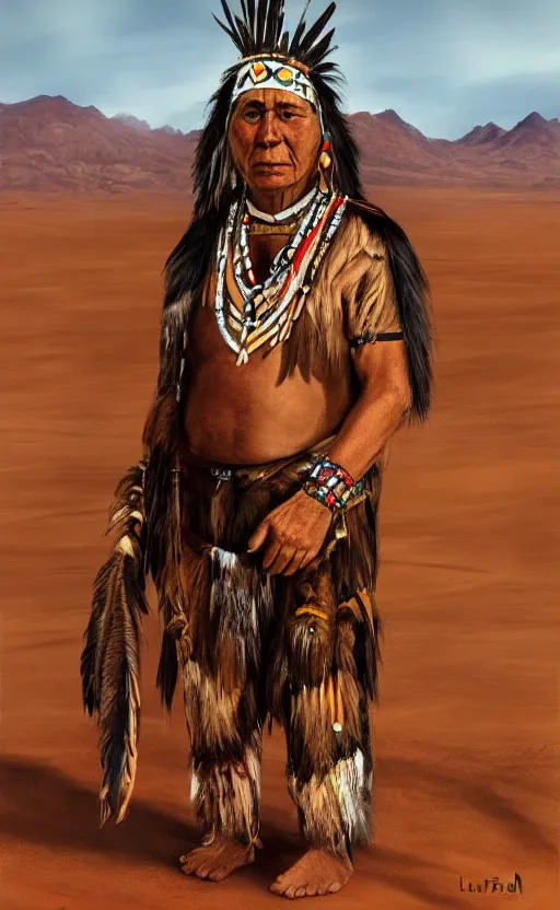 Image similar to full shot picture of indigenous leader standing in the desert, painted by lucian frued, hd, realistic lighting