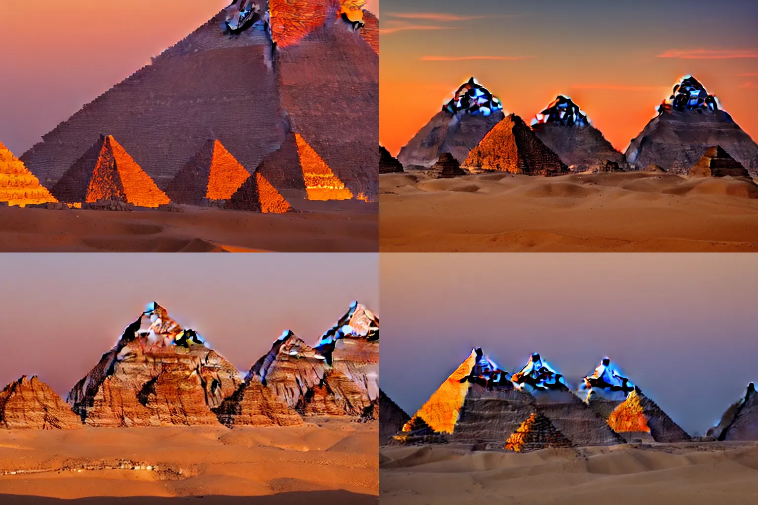 Prompt: great pyramids at giza, sunset, golden hour, camels