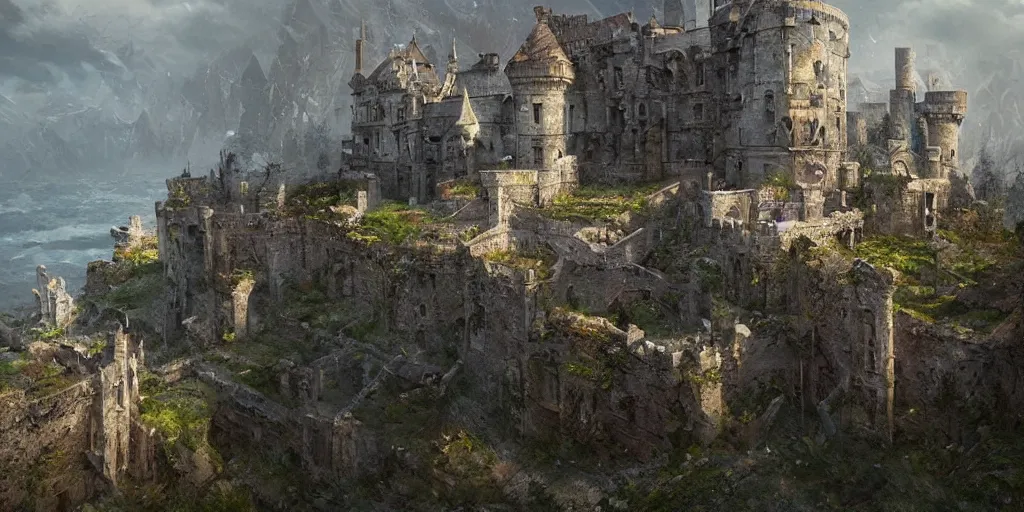 Image similar to a abandoned castle on the edge of a high cliff, greg rutkowski, 8 k, shallow depth of field, intricate detail, concept art,