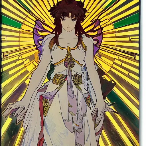 Image similar to anime manga mecha gundam angel angelic portrait by Alphonse Mucha art nuevou