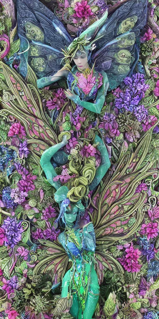 Prompt: intricate colourfully painted carved Soapstone relief paneling of a fairy dragon, faerie, silver and sapphire, mythical, vibrant vegetation, trees, flowers, dream atmosphere, bright colors, vivid colors, Ghostly, crystaline celtic, insanly detailed , trending on artstation, wallpaper, hyper realistic, realistic lighting, ambient occlusion, 8k, unreal engine, octane render, HDR, HD, award winning, featured, VFX, CGI