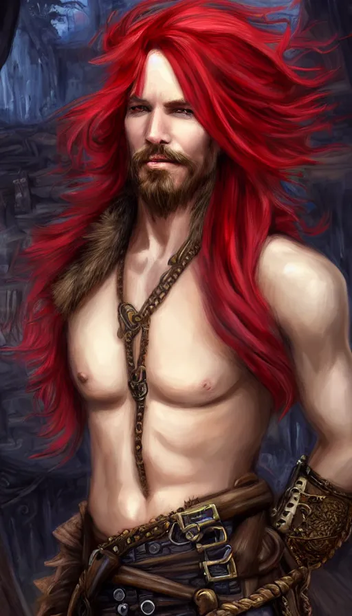 Image similar to portrait of a male pirate with flowing red hair!!!!!!, airship in the background!!!!!!, lean body!!, Steampunk!!!!!!!, D&D, fantasy, simple clothing!!!!, elegant, highly detailed, digital painting, artstation, concept art, sharp focus, illustration, art by Artgerm and Greg Rutkowski and Alphonse Mucha