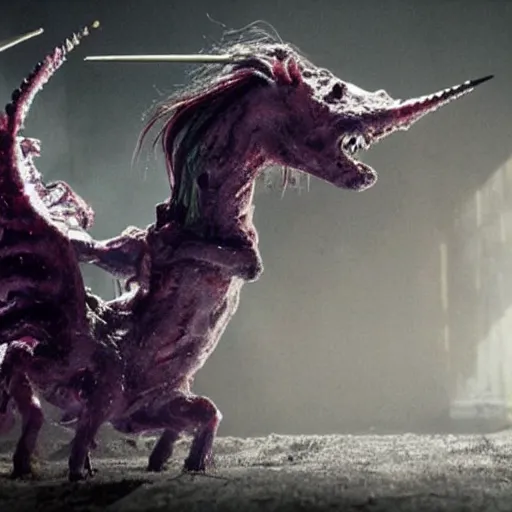 Image similar to b - grade horror film budget production a very strange creature made of cronenberg unicorn
