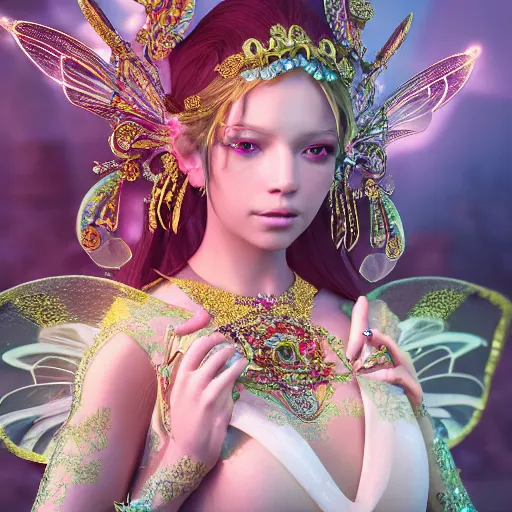 Image similar to portrait of fairy princess, glowing, ornate and intricate jewelry, jaw dropping beauty, glowing background lighting, white accent lighting, hyper detailed, fairy tale, 4 k octane render